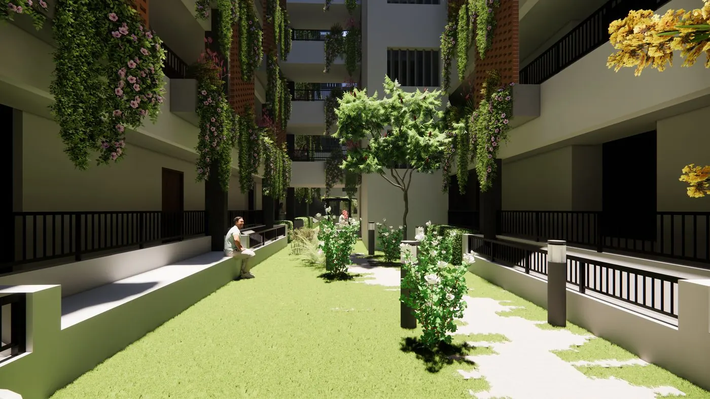 Landscaped central courtyard between the two wings of Casa Vishwanath